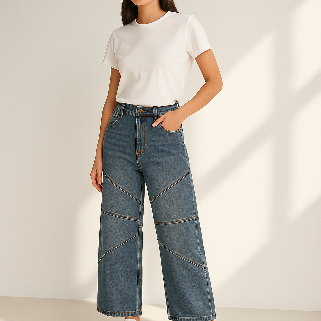 Jeans larghi e dritti a vita alta con cuciture a vista