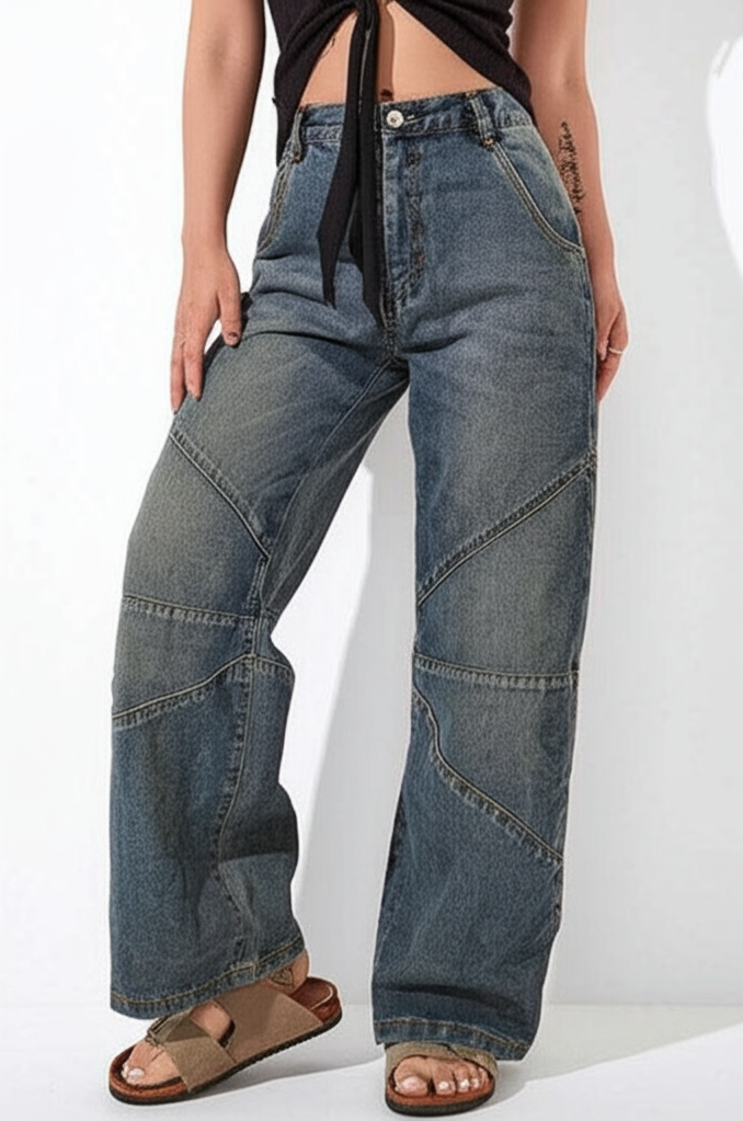 Jeans larghi e dritti a vita alta con cuciture a vista